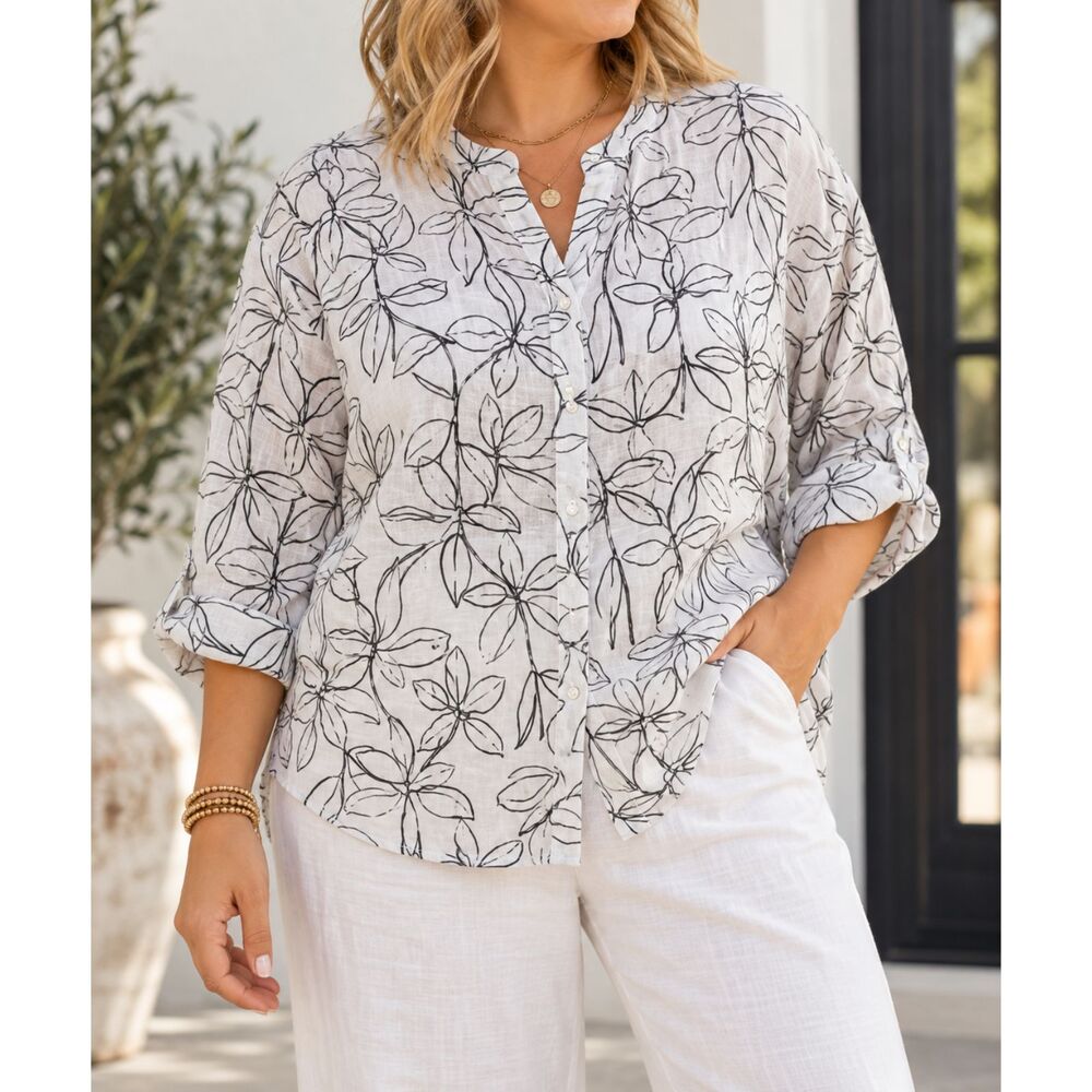 Cynthia Rowley 100% Linen Floral Button Down Shirt Women’s 2XL White Black